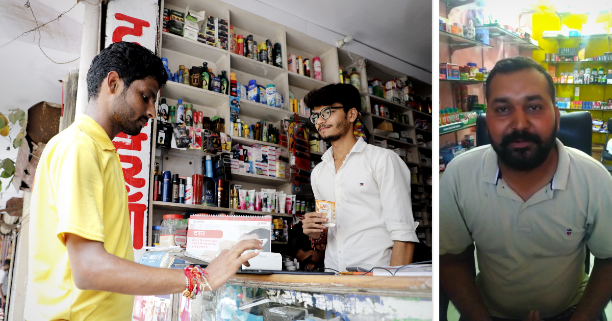 To the left is an image of a man buying a product at a store and on the right is a photo of a man named Kamlesh Pandy, a chemist